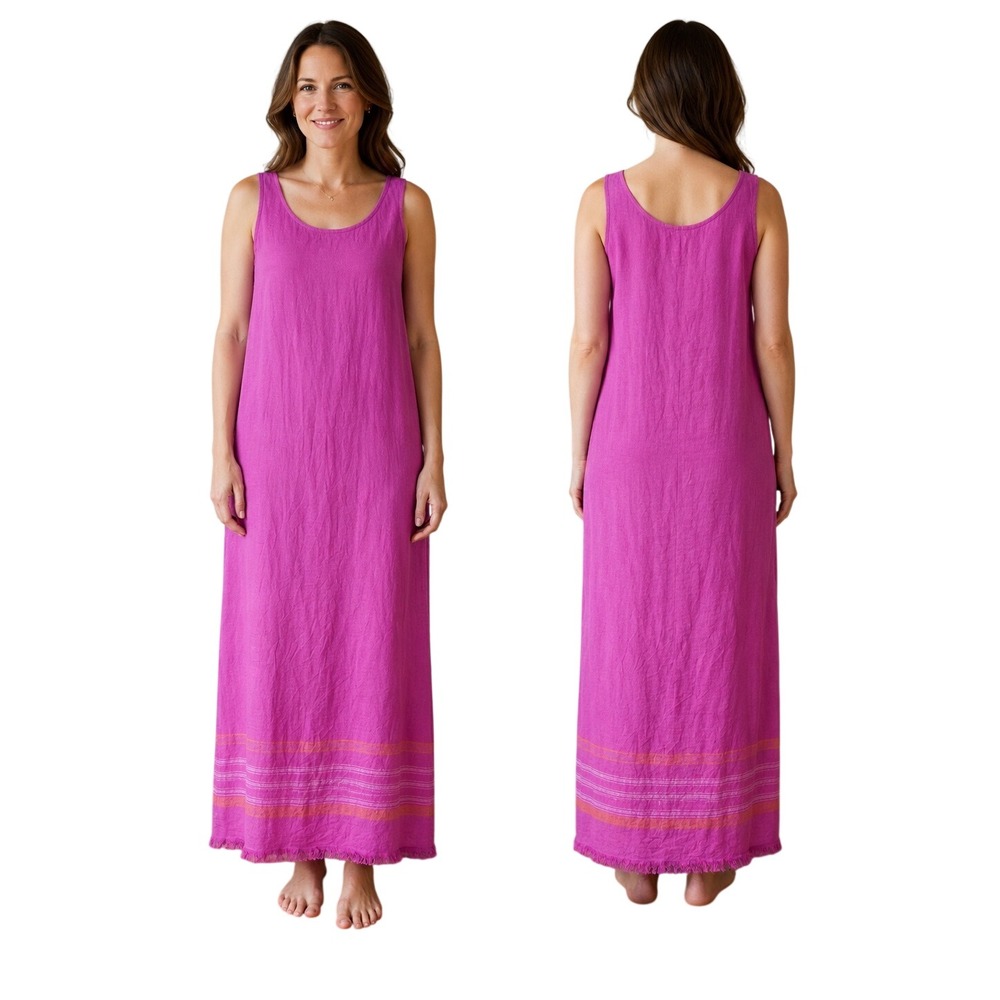 Liz Claiborne Lizsport Petite Pink Linen Maxi Dress‎ Fringe Boho Coastal Size 4P